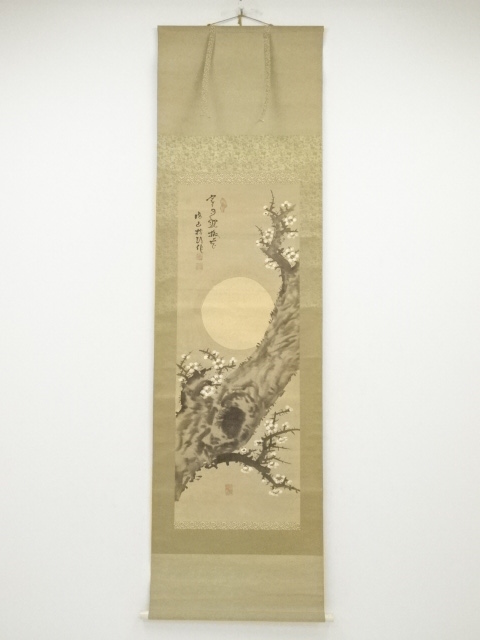 JAPANESE HANGING SCROLL / HAND PAINTED / MOON & UME BLOSSOMS
